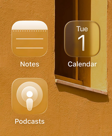 Grid of four translucent app icons, the Apple TV app, Notes, Calendar, and Podcasts, refract the background
