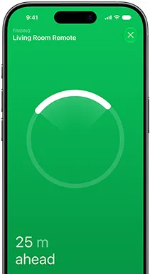iPhone，螢幕顯示尋找 app，文字顯示：Finding Living Room Remote，圓形定位器環的亮光弧線指向遙控器的方向，文字顯示：80 ft ahead