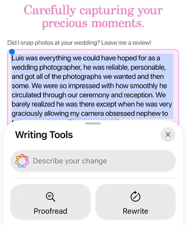 書寫工具應用畫面，展示 Proofread、Rewrite、Friendly、Professional 和 Concise 選項
