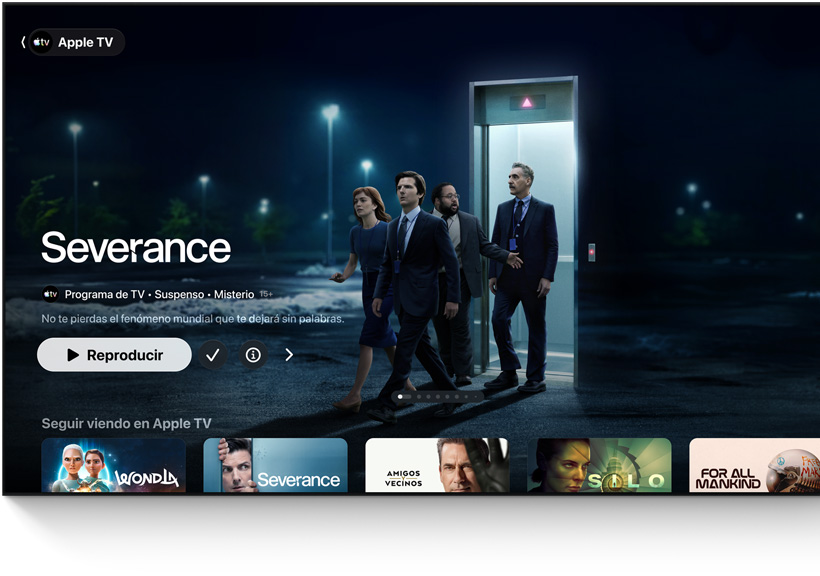 App Apple TV, título destacado: Severance, varias personas salen de un ascensor y se dirigen al estacionamiento, la fila de Seguir Viendo aparece debajo