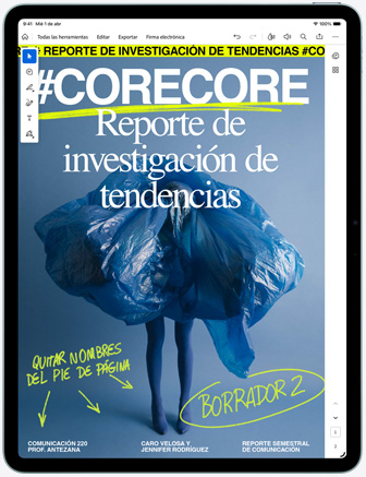 iPad Air, parte frontal, muestra el lector de PDF Adobe Acrobat con un proyecto de diseño en curso