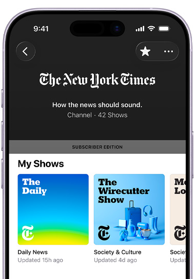 iPhone, front exterior, screen shows The New York Times channel in Apple&nbsp;Podcasts, text below reads: “How the news should sound”, 42&nbsp;shows, a Subscriber Edition banner sits above a My Shows section featuring “Modern Love”, The “Wirecutter Show” and a partially visible third show, each categorised under Society & Culture