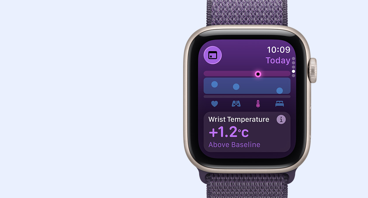 Apple Watch SE 3, aluminium case, starlight colour, wrist temperature metrics, right side exterior, Digital Crown, strap, Sport Loop, purple fog colour