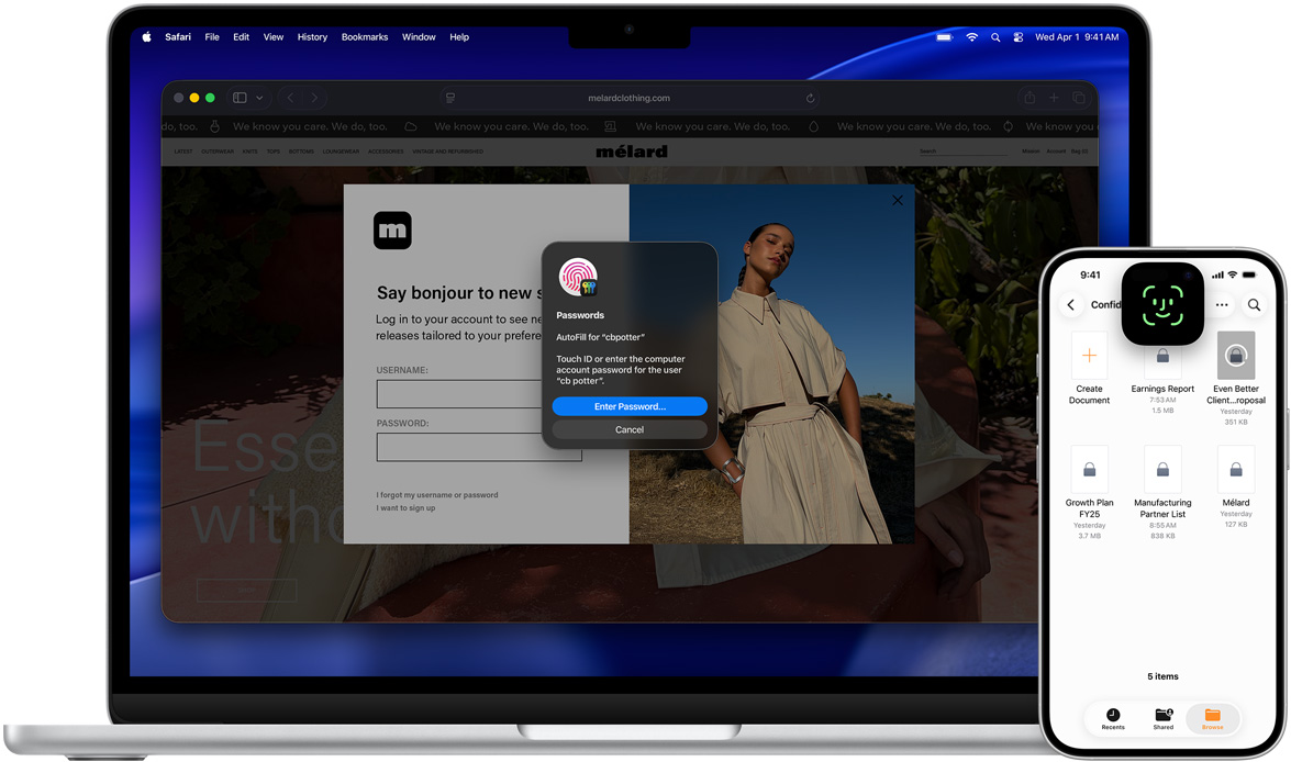 MacBook featuring Touch ID window, with macOS Tahoe wallpaper and in front of the MacBook is an iPhone featuring Face ID screen.