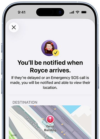 iPhone screen shows a confirmation that a Find My notification has been set up, text reads ‘You'll be notified when Pedro arrives,’ map with pinned location sits at bottom of screen