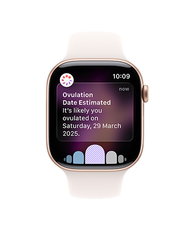 Apple Watch Series 11, aluminum case, rose gold color, ovulation date estimated notification, right side exterior: Digital Crown, light blush Sport Band