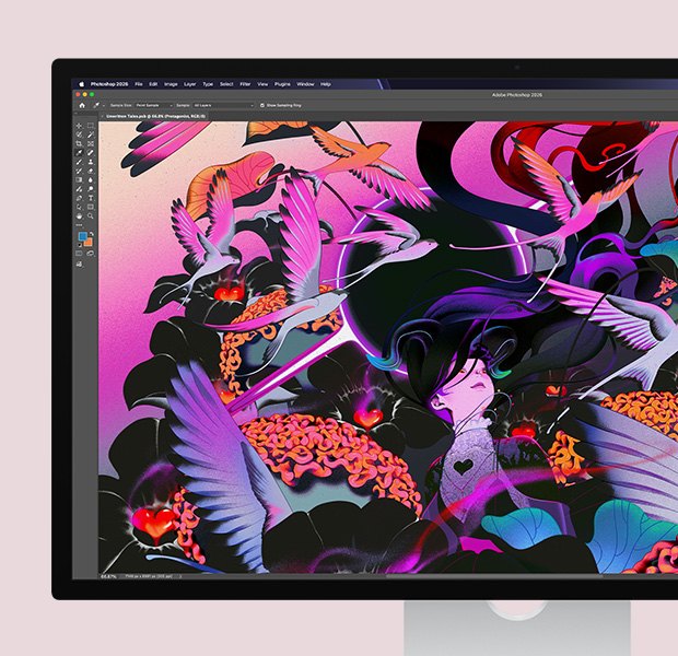 Studio&nbsp;Display, Adobe Photoshop editing software, abstract artwork displayed on screen