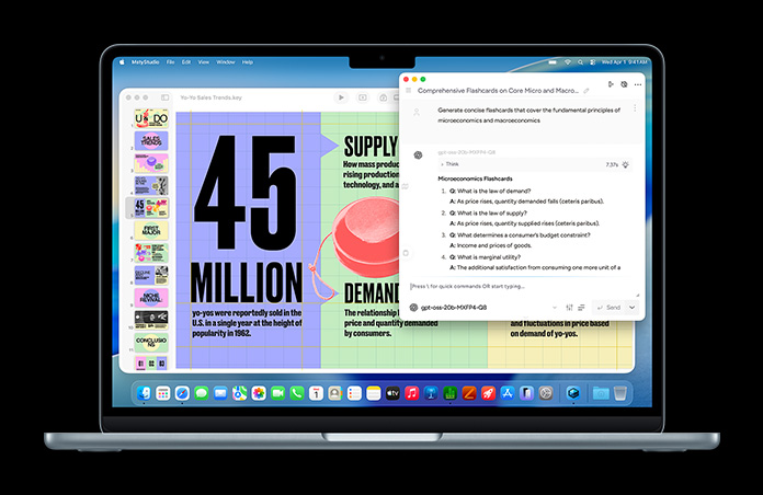 MacBook shows a Msty Studio screen featuring microeconomics flashcards, demonstrating on-device AI capabilities