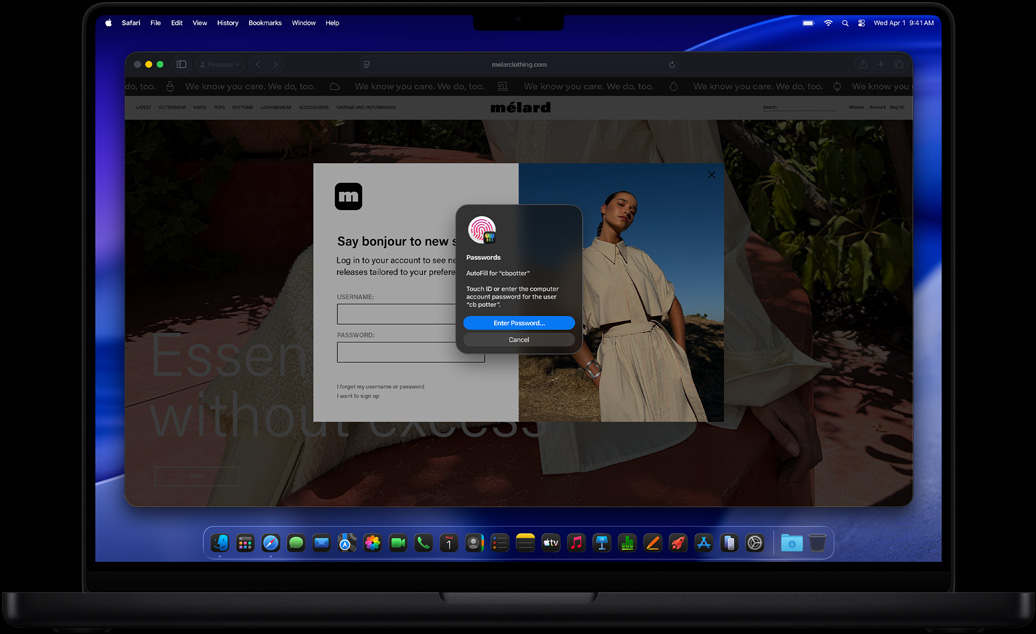MacBook Pro, space black color, Safari and the Passwords app prompting user to log in to a website using Touch ID