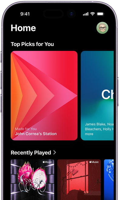Karta Ekran główny w Apple Music na ekranie iPhone’a, karuzela Najlepsze dla Ciebie pokazująca spersonalizowane stacje i playlisty Kim Petras