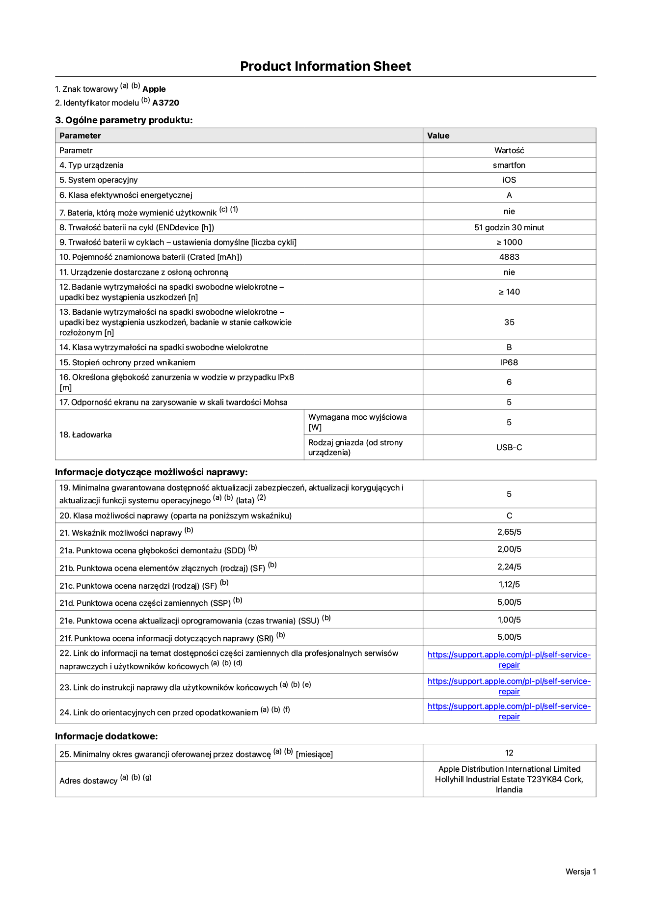 Karta informacyjna produktu dla iPhone’a Duo, model A3720. Dostawca: Apple Distribution International Limited, Hollyhill Industrial Estate. Cork, Irlandia T23 YK84. Typ urządzenia: smartfon. System operacyjny: iOS. Klasa efektywności energetycznej: A. Możliwość wymiany baterii przez użytkownika: nie. Trwałość baterii na cykl: 51 godzin 30 minut. Trwałość baterii w cyklach – ustawienia domyślne: większa lub równa 1000. Pojemność znamionowa baterii: 4883 miliamperogodziny. Dostarczany z nakładką ochronną: nie. Wytrzymałość na spadki swobodne wielokrotne (liczba upadków bez wystąpienia uszkodzeń): większa lub równa 140. Wytrzymałość na spadki swobodne wielokrotne (liczba upadków bez wystąpienia uszkodzeń w stanie całkowicie rozłożonym): 35. Klasa wytrzymałości na spadki swobodne wielokrotne: B. Stopień ochrony przed wnikaniem: IP68. Określona głębokość zanurzenia w wodzie w przypadku IPx8: 6 metrów. Odporność ekranu na zarysowanie w skali twardości Mohsa: 5. Wymagana moc wyjściowa ładowarki: 5 watów. Typ gniazda ładowarki (od strony urządzenia): USB-C. Minimalna gwarantowana dostępność aktualizacji zabezpieczeń, aktualizacji korygujących i aktualizacji funkcji systemu operacyjnego: 5 lat. Klasa możliwości naprawy: C. Wskaźnik możliwości naprawy: 2,65/5. Punktowa ocena głębokości demontażu (SDD): 2,00/5. Punktowa ocena elementów złącznych: 2,24/5. Punktowa ocena narzędzi: 1,12/5. Punktowa ocena części zamiennych: 5,00/5. Punktowa ocena aktualizacji oprogramowania: 1,00/5. Punktowa ocena informacji dotyczących naprawy: 5,00/5. Link do informacji o dostępności części zamiennych dla profesjonalnych serwisów naprawczych i użytkowników końcowych: https://support.apple.com/self-service-repair. Link do instrukcji naprawy dla użytkowników końcowych: https://support.apple.com/self-service-repair. Link do orientacyjnych cen przed opodatkowaniem: https://support.apple.com/self-service-repair. Obowiązuje 12‑miesięczna gwarancja ogólna.
