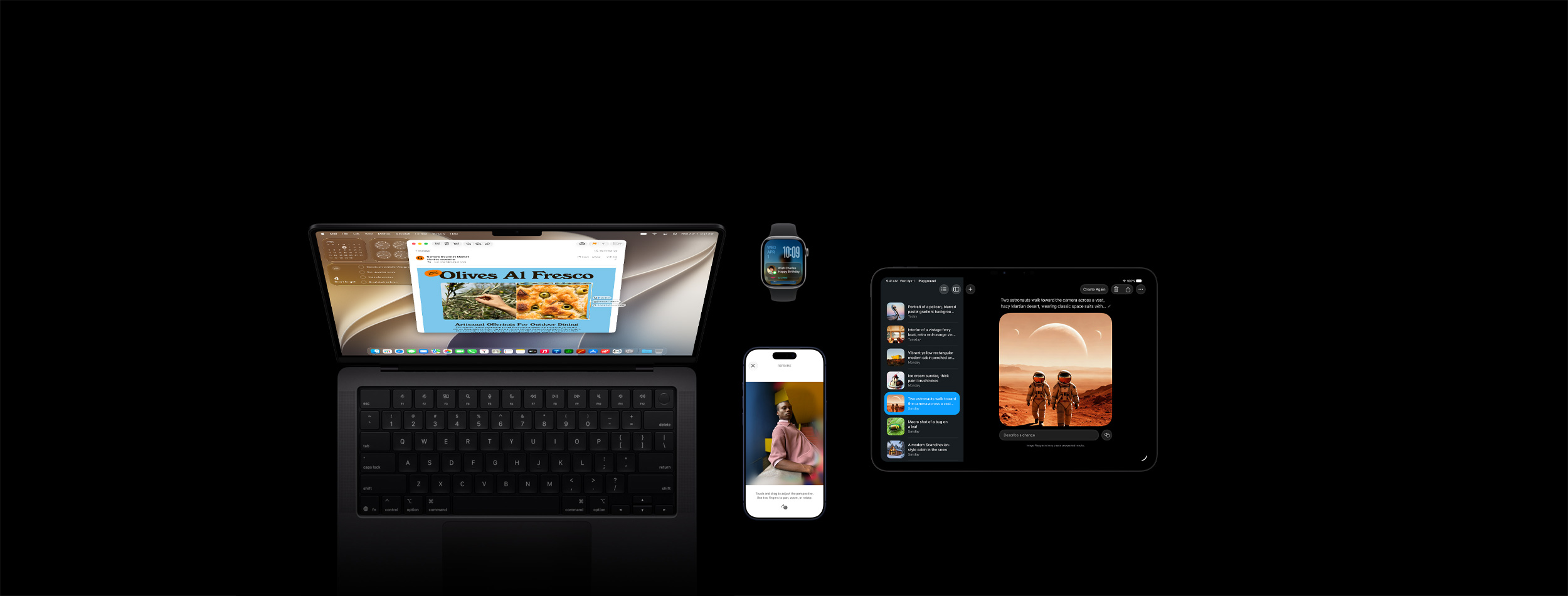 Cztery produkty, w tym iPhone 17 Pro w kolorze głębinowego błękitu z widoczną funkcją edycji zdjęć Reframe na przykładzie zdjęcia mężczyzny opartego o ladę, Apple Watch Series 11 w rozmiarze 46 mm w kolorze gwiezdnej szarości z widoczną datą i zablokowanym ekranem z przypomnieniem o dniu urodzin, MacBook Pro 14 cali w kolorze gwiezdnej czerni z widoczną funkcją Inteligencja wizualna i ze zrzutem ekranu przedstawiającym focaccię z oliwkami z mejla i zapytania Siri o ten obraz oraz iPad Pro 11 cali w kolorze gwiezdnej czerni
