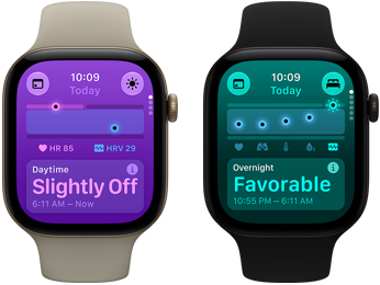 Două dispozitive Apple Watch Series 12: carcasă din aluminiu, culoare Auriu deschis, Semne vitale din timpul zilei ușor în afara limitelor normale, Digital Crown, curea Sport Nisip, carcasă din aluminiu, culoare Negru, Semne vitale din timpul nopții favorabile, Digital Crown, curea Sport neagră