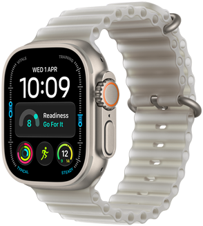 Apple Watch Ultra 4, carcasă din titan, culoare Natural, cadran modular, complicații: zi și dată, pregătire, frecvență cardiacă, exercițiu Alergare, Vreme, partea exterioară dreaptă, Digital Crown, buton lateral reliefat, curea Oceanică, culoare Gri translucid