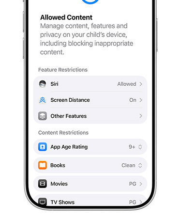 iPhone displaying content and privacy restrictions options for Child Account.