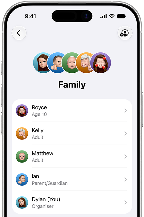 iPhone displaying the Family interface with multiple family member accounts, from children to adults.