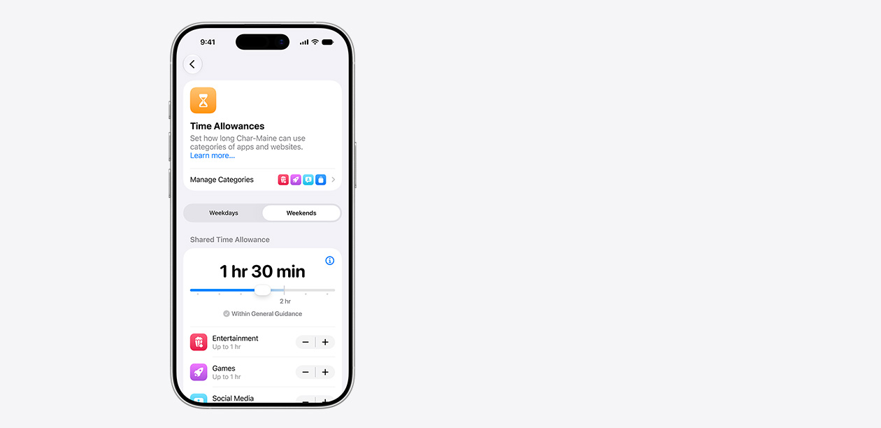 iPhone displaying Time Allowance interface, including a shared time allowance of two hours and 30&nbsp;minutes, and suggested allowances for app categories like entertainment, games and social media.
