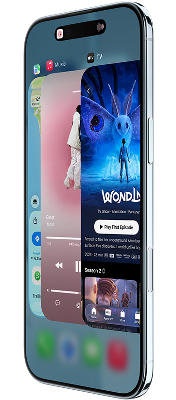 iPhone Air, front exterior, side exterior, with Maps, Music and Apple TV apps, showcasing the App Switcher feature in use
