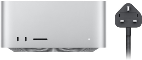 Mac Studio, front, two USB-C ports, SDXC card slot, status indicator light, tapered base at bottom, flat top, rounded sides, straight edges, silver color, black power cord with three-prong power plug