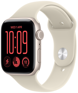 Apple Watch SE 3, aluminum case, starlight color, Modular Compact watch face, complications: day and date, Run workout, Activity rings, Weather, right side exterior, Digital Crown, side button, Sport Band, sand color
