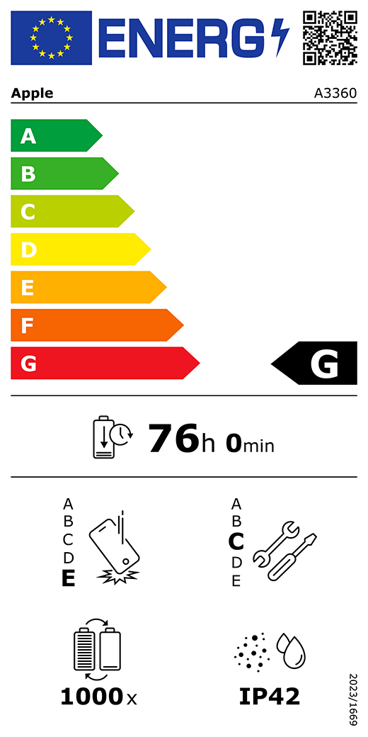 EU Energy Label QR code and information, Apple model A3360, class G, energy efficiency classes (with a scale from A to G), A (most efficient) to G (least efficient), battery endurance per cycle, 76 hours and 0 minutes per full battery charge, repeated free fall reliability class E, A (most robust) to E (least robust), repairability class C, A (most repairable) to E (least repairable), 1000 battery endurance in cycles, dust and water ingress protection (IP) rating IP42, regulation 2023/1669
