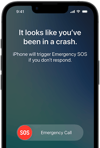 Pohľad spredu na iPhone 17e, zaoblené rohy, aktivovaná funkcia Detekcia nehôd