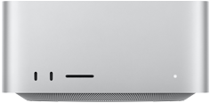 Mac Studio spredu, dva porty USB‑C, slot na kartu SDXC, stavová kontrolka, zúžená základňa naspodku, plochá vrchná strana, zaoblené bočné strany, rovné hrany, strieborná farba, Mac Studio zozadu, perforovaný hliníkový prieduch, štyri porty Thunderbolt 5, jeden port Ethernet, jedna napájacia zásuvka, dva porty USB-A, jeden port HDMI, jeden konektor na slúchadlá a vypínač
