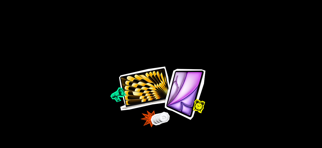 Ekranın altın sarısı ve siyah renklerde pervane tasarımı bulunan, ortasında renkli Apple logosu olan dikdörtgen bir Macbook. Sarı saat emojisi etiketi.