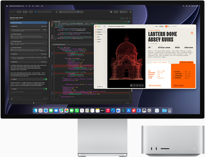 Studio Display XDR, ekranda XCode’da Claude Agent ile işlenmekte olan bir belge gösteriliyor, Mac Studio, önden görünüm