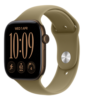 Apple Watch Series 12, алюмінієвий корпус темно-бронзового кольору, циферблат «Компактні модулі» з показниками: день і дата, тренування з бігу, серцевий ритм, готовність, правий бік корпусу, коронка Digital Crown, бічна кнопка, спортивний ремінець оливкового кольору