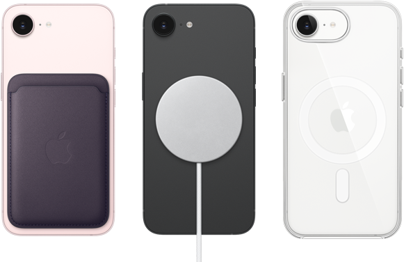 iPhone 17e, вид ззаду, світло-рожевого кольору, гаманець MagSafe із тканини FineWoven, iPhone 17e, вид ззаду, чорного кольору, зарядний пристрій MagSafe, iPhone 17e, вид ззаду, білого кольору, прозорий чохол MagSafe