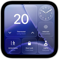 Apple HomeView display, screen shows Home app dashboard with thermostat set to 20 degrees, analogue clock, intercom, Arrive Home scene, door lock and lights controls