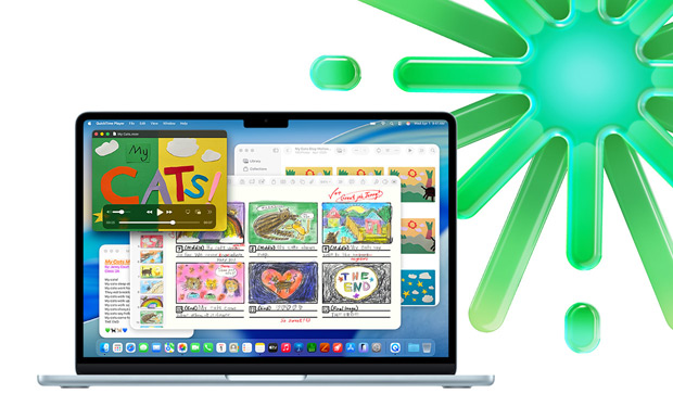 MacBook in Sky Blue, displaying Quicktime, Notes, Keynote and Photos, showcasing ability to multitask with multiple apps