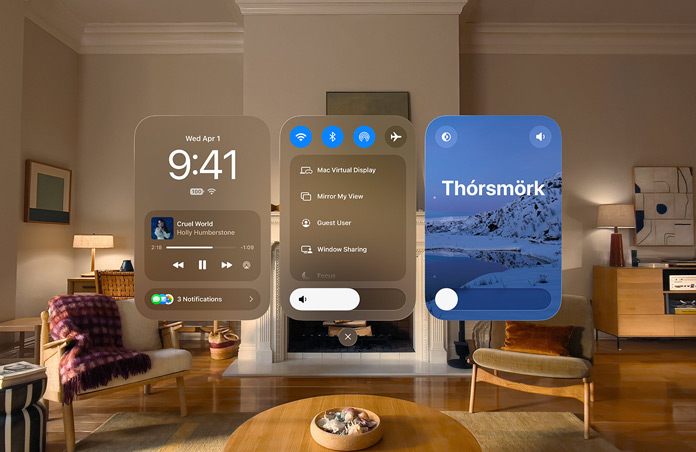 Apple Vision Pro view with three windows open, left to right, Date and Time with media player control, Connectivity controls and display settings