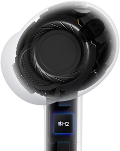 Den indvendige udformning af en gennemsigtig AirPods Pro 3-enhed