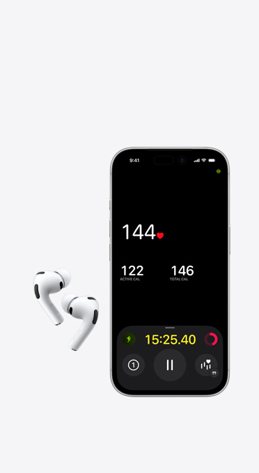 Left and Right wireless headphones next to iPhone with heart rate monitor on screen