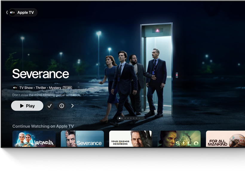 App Apple TV, titre mis en avant : Severance, des personnes sortent d’un ascenseur et descendent dans un parking, la rangée Continuer à regarder se trouve en dessous