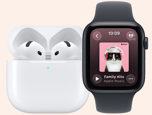 AirPods 4, microphone, in MagSafe Charging Case, open, rounded corners, green charge indicator light, Apple Watch SE 3, aluminum case, midnight color, Apple Music app, now playing screen, midnight Sport Band