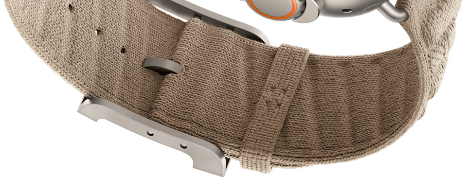 Apple Watch Hermès Ultra 4 En Mer band, Argile colour (tan), underside of clasp detail, textured knit material