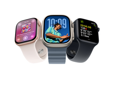 Three Apple Watch devices: Apple Watch Series 11, rose gold color, aluminum case, Apple Music, playlist controls, right side exterior, Digital Crown, light blush color Sport Band, silver pin-and-tuck closure, Apple Watch Ultra 3, natural color, titanium case, edge-to-edge display, photo overlaid on time, right side exterior, Digital Crown, anchor blue color Ocean Band, tubular fluoroelastomer rubber, Apple Watch SE 3, aluminum case, midnight color, right side exterior, Digital Crown, advanced Outdoor Run workout metrics