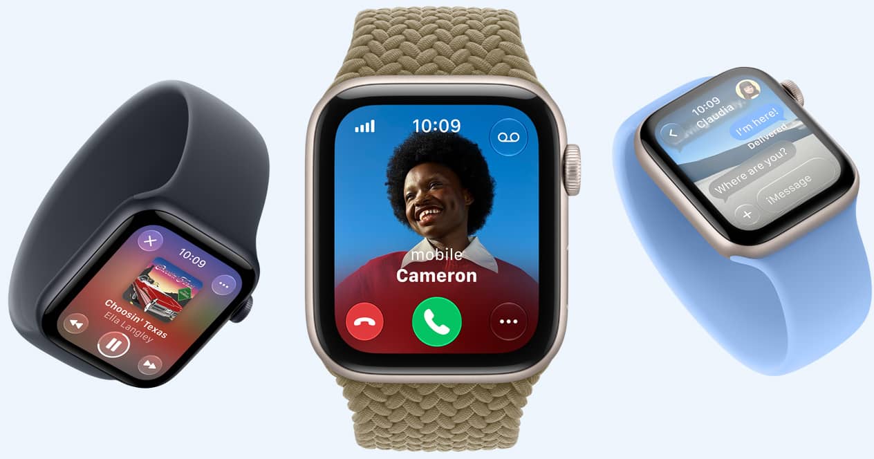Apple Watch SE 3 devices, aluminum cases, starlight and midnight colours, screens show Apple Music, incoming call, Messages, bands: Solo Loop, navy blue and wildflower blue colours, Braided Solo Loop, olive colour (earthy green)