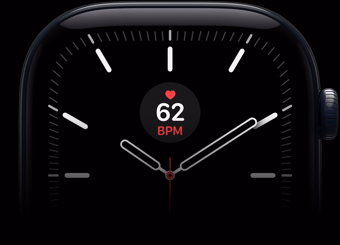 Apple Watch Series 12, vỏ nhôm, màu đen, mặt đồng hồ Meridian với tổ hợp nhịp tim, mặt ngoài bên phải, Digital Crown