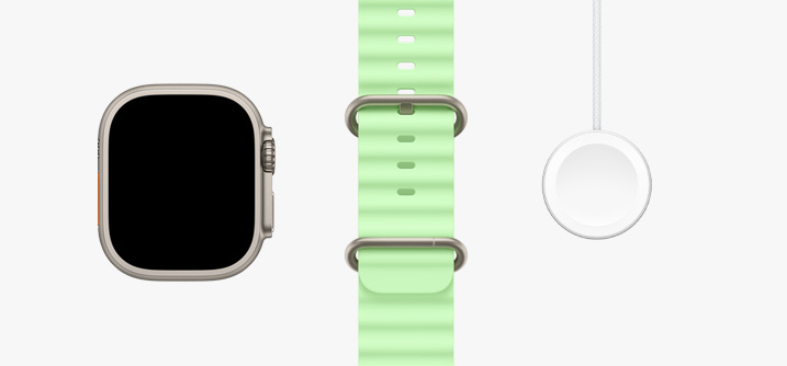 Apple Watch Ultra 3, casing warna titanium alami, layar menyeluruh, Tali Jam Ocean hijau neon, Kabel Pengisian Daya Cepat Magnetis Apple Watch ke USB-C