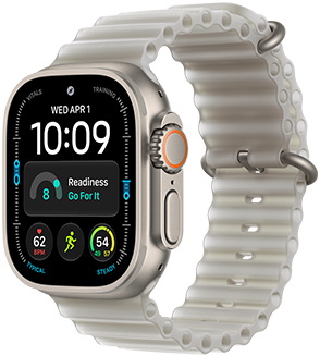 Apple Watch Ultra 4, kast van titanium, kleur naturel, wijzerplaat Modulair, wijzerplaatcomplicaties: dag en datum, gereedheid, hartslag, Hardloopwork-out, Weer, rechterkant, Digital Crown, verhoogde zijknop, Ocean-bandje, kleur doorschijnend grijs