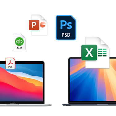 Pohled zepředu na dva MacBooky vedle sebe, každý s barevným pozadím plochy. V oblouku nad MacBooky jsou zobrazené ikony souborů. Je mezi nimi soubor Acrobatu, soubor Quickbooks, soubor PowerPointu, soubor Photoshopu a soubor Excelu.