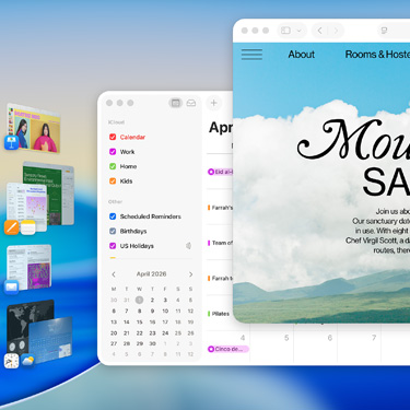 Várias janelas e aplicativos exibidos em uma tela do macOS Tahoe, incluindo Keynote, Pages, Mail e um site com conteúdo sobre um santuário