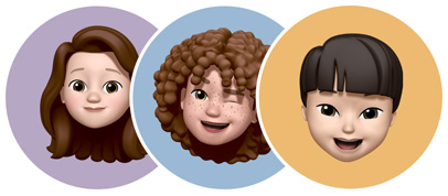 Tiga lingkaran tumpang tindih dengan Memoji, masing-masing mewakili Akun Anak yang unik.