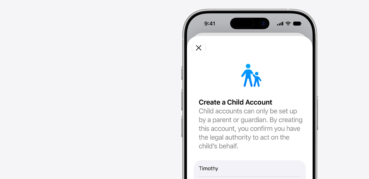 iPhone menampilkan antarmuka pengaturan Akun Anak dengan ikon orang dewasa dan anak di atas bidang untuk nama anak.