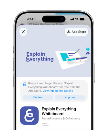 iPhone menampilkan halaman produk Explain Everything Whiteboard di dalam App Store, yang meminta pengguna untuk menolak atau menyetujui akses untuk Akun Anak.