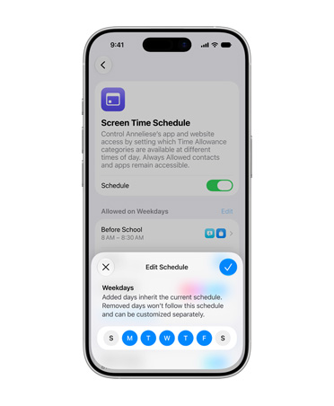 iPhone menampilkan antarmuka penjadwalan, yang meminta pengguna untuk mengedit alokasi harian untuk Akun Anak.